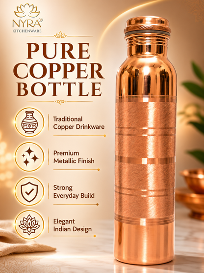 Pure Copper Water Bottle | Leak-Proof with Screw Cap | Glossy Silver-touch Copper Bottle
