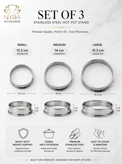 Stainless Steel Round Hot Pot Stand, Matka Ring for Kitchen – Set of 3