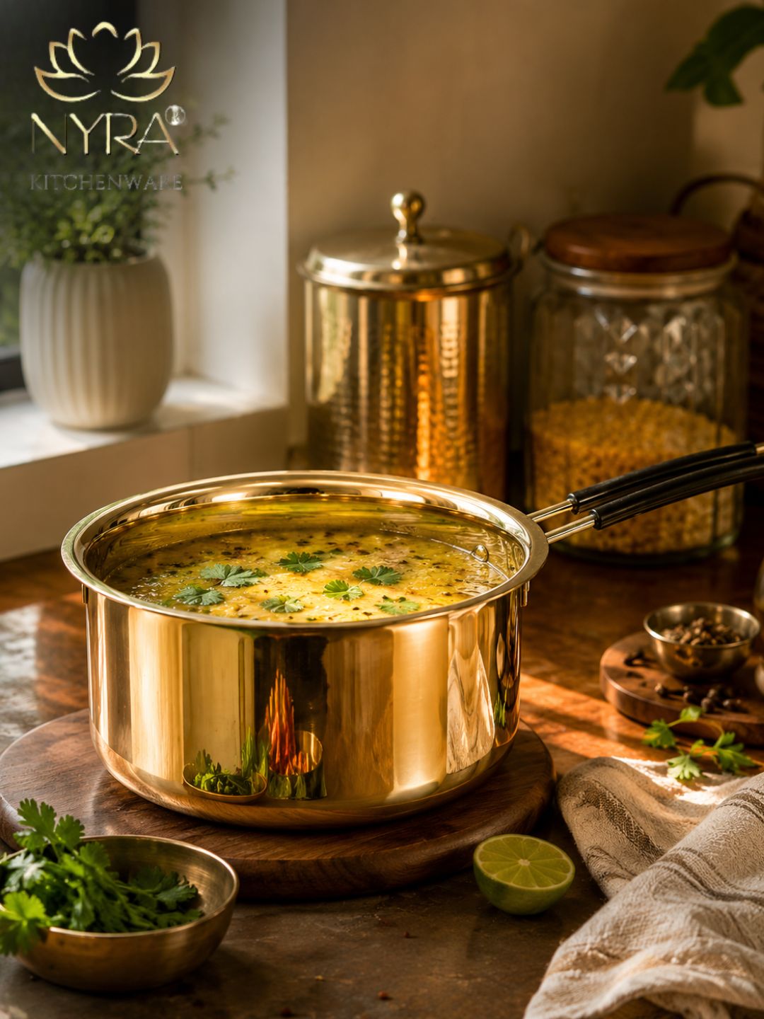 A polished brass saucepan filled with a yellow curry and garnished with cilantro, set on a wooden board on a rustic kitchen table. The background features matching brass canisters and glass jars, with a potted plant on the windowsill.