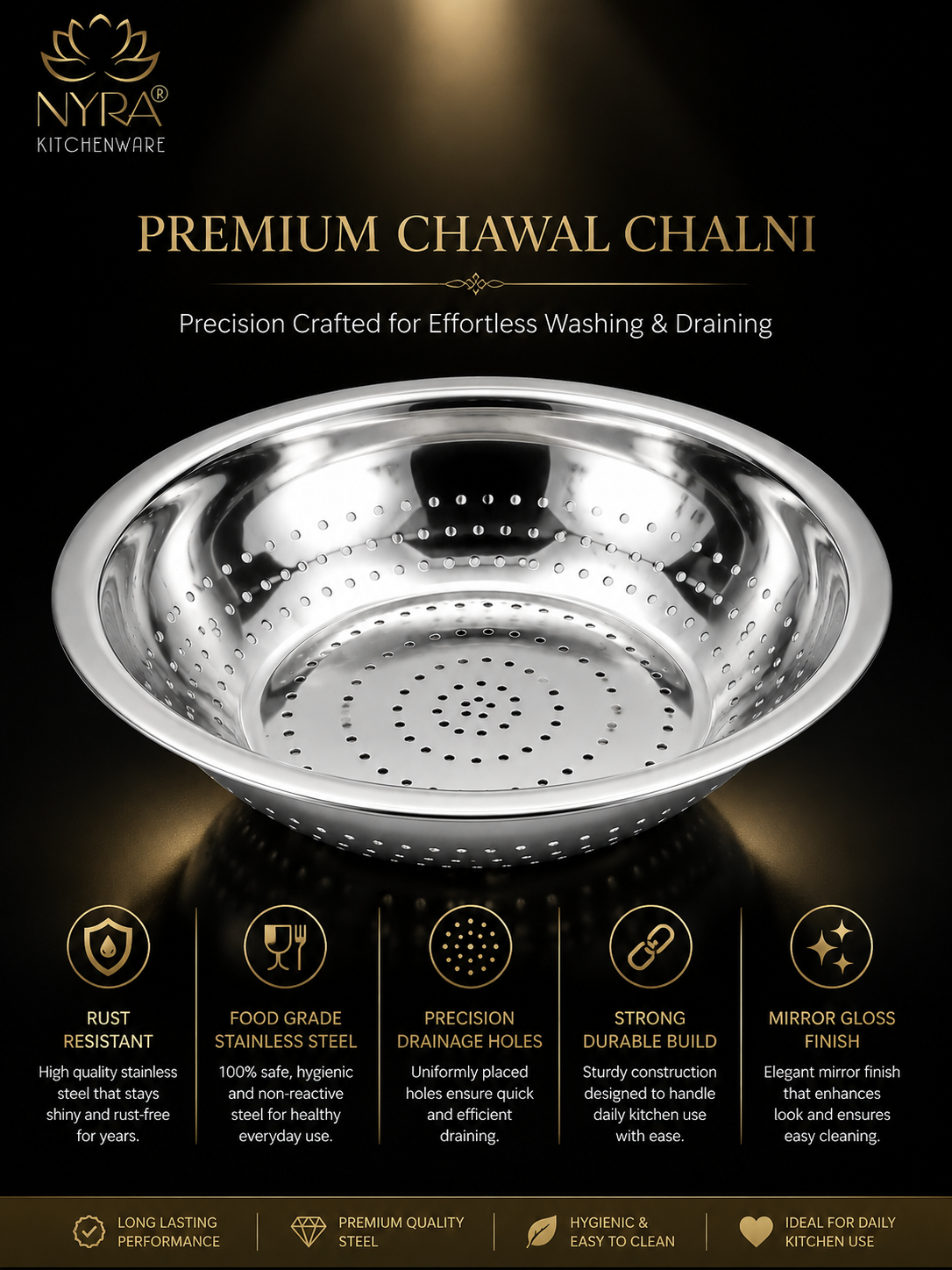 Stainless Steel Strainer & Colanders | Premium Colander/Chawal/Poha Chalni - 3 sizes