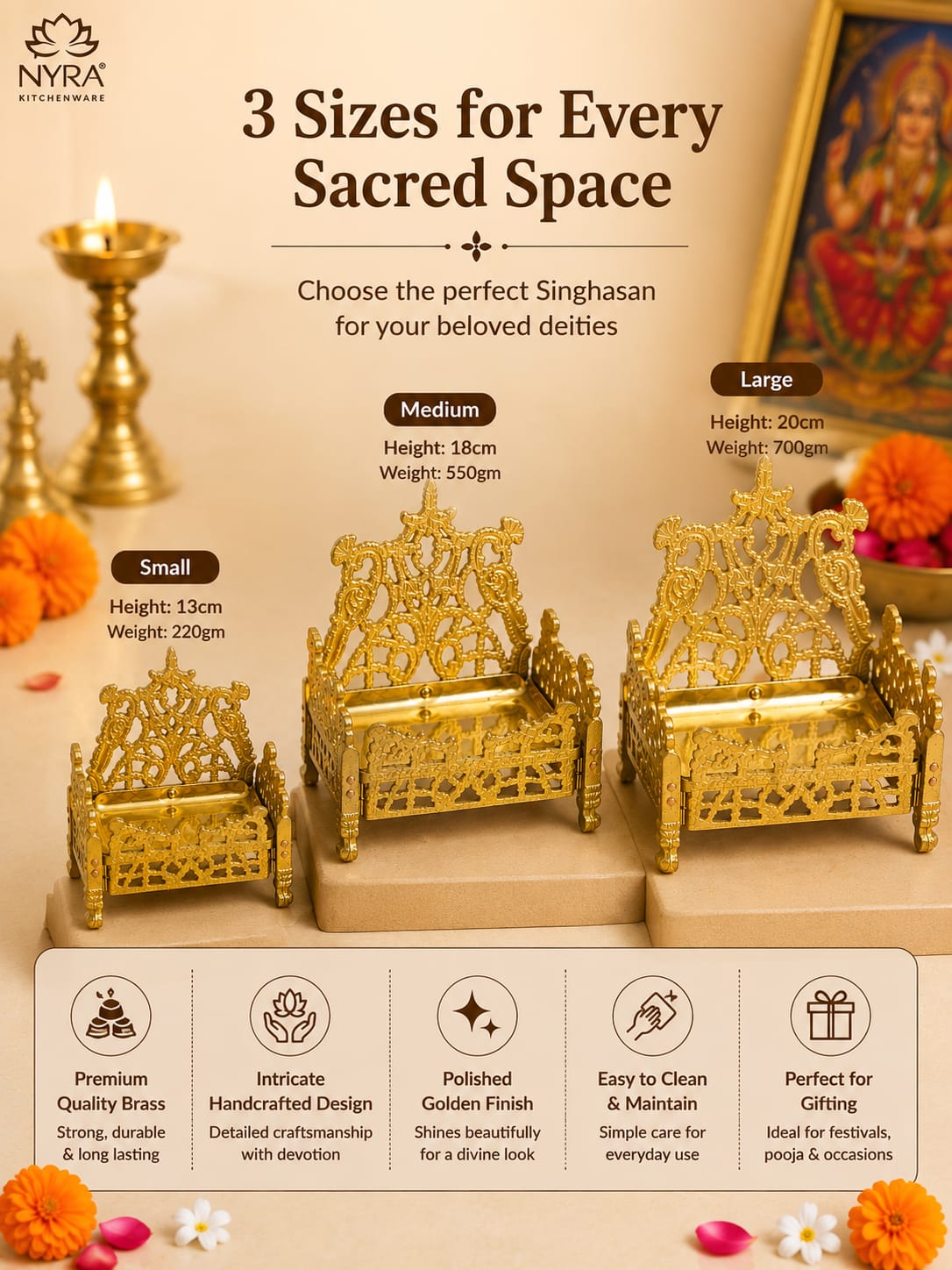 A promotional graphic showing three ornate brass singing bowls in small, medium, and large sizes, with text labels indicating height and weight. The image includes decorative props such as a lit candle, marigold flowers, and a framed artwork, and features the NYRA Kitchenware logo at the top left.