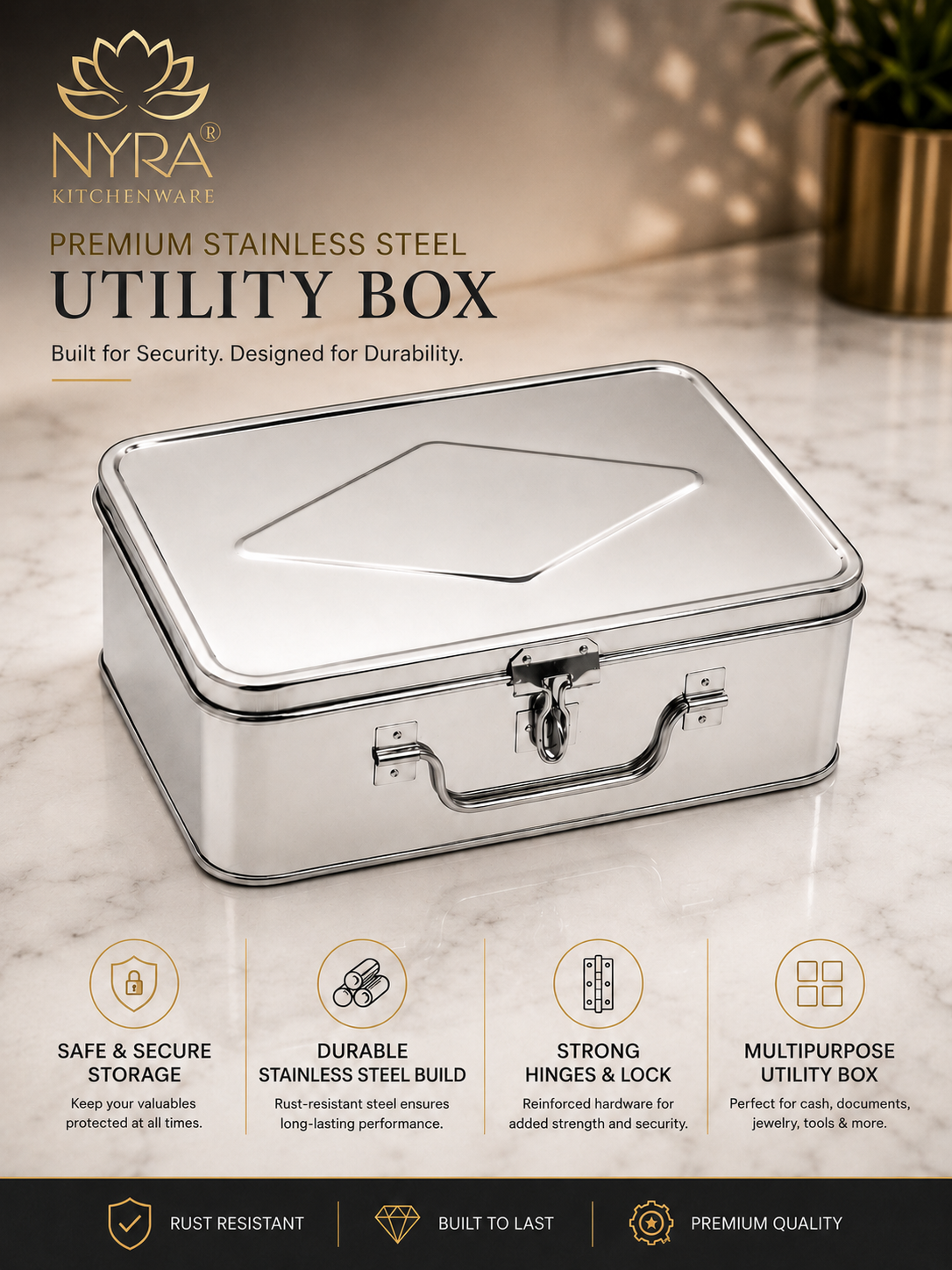 Stainless Steel Multi-Purpose Cash/Storage Box | Secure for Money, Jewelry & Documents