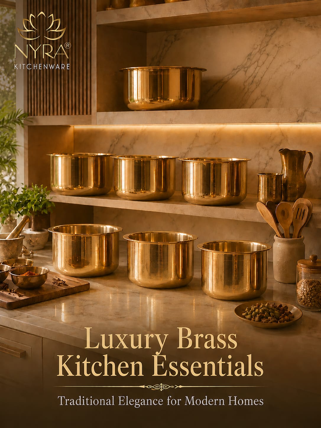 Luxury brass kitchenware on shelves with 'Nyra Kitchenware' branding.