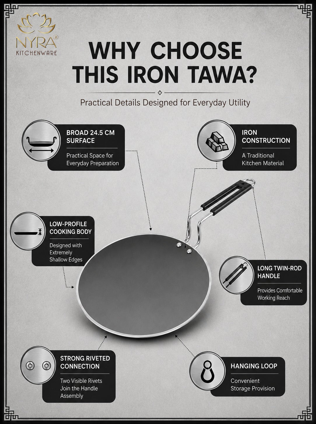 Iron Griddle/Tawa with Durable PVC Handle - Heavy-Duty Flat Pan Cookware