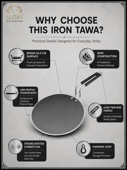 Iron Griddle/Tawa with Durable PVC Handle - Heavy-Duty Flat Pan Cookware