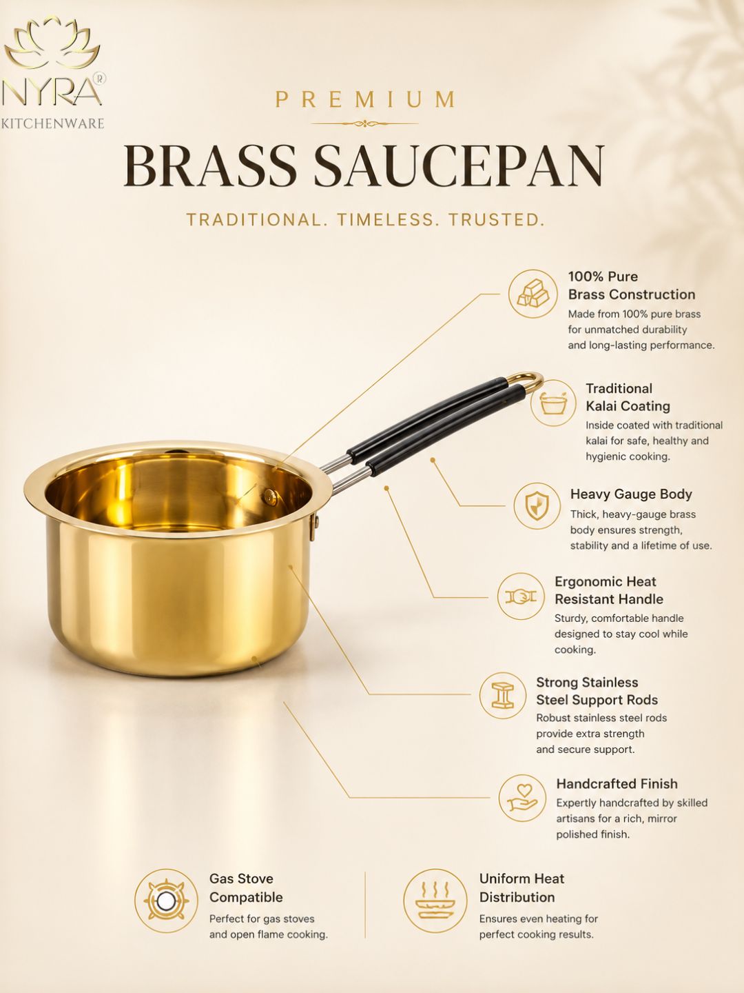 A brass saucepan with a black handle is shown on a cream background with feature callouts and text describing its construction, coating, handle design, compatibility, and heat distribution. The brand logo 'Nyra Kitchenware' is visible in the top left.