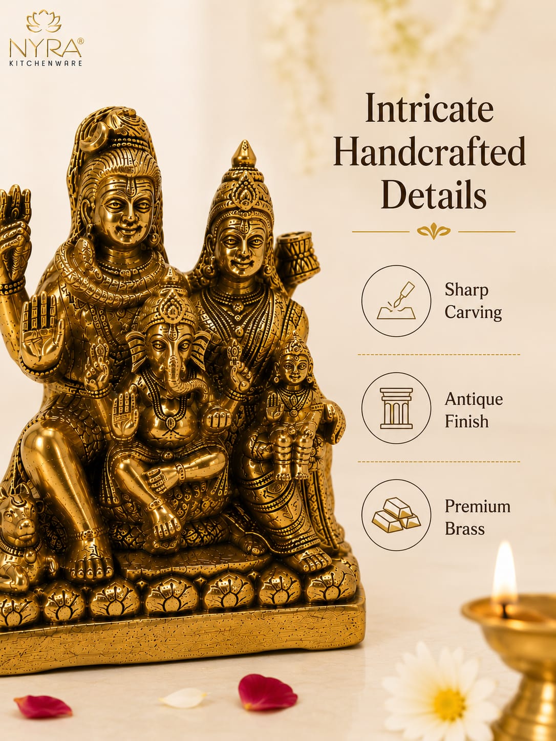 A brass statue of a Hindu family with Ganesha, shown with marketing text on a warm beige background. The text highlights 'Intricate Handcrafted Details' with icons for 'Sharp Carving', 'Antique Finish', and 'Premium Brass'.