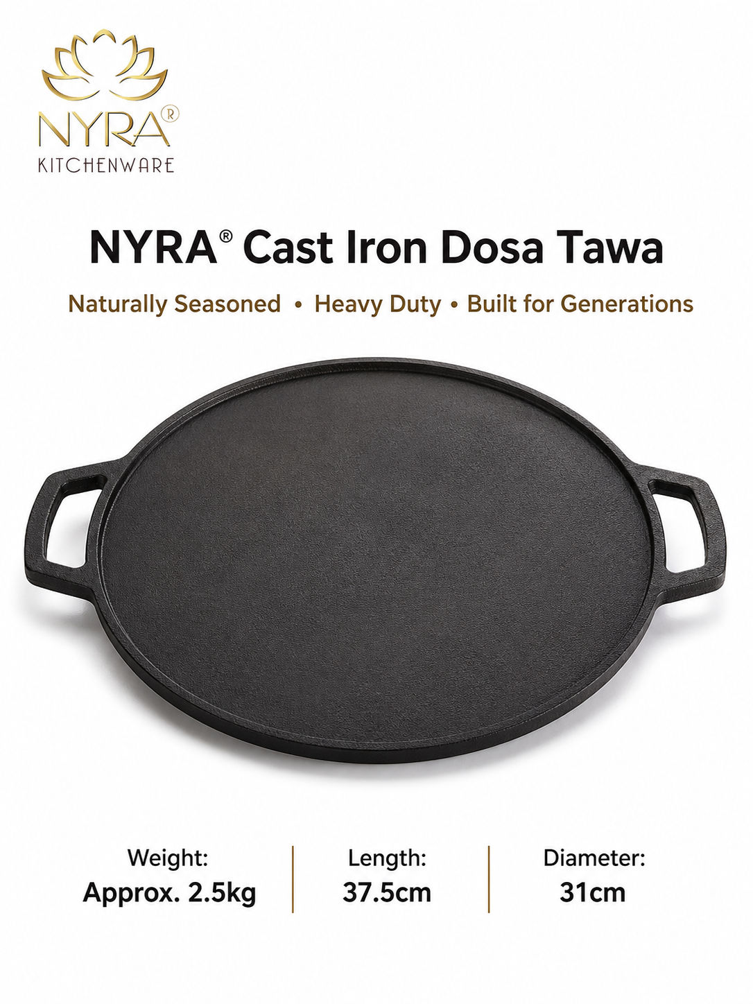Cast Iron Dosa & Chapati Tawa | Pre-Seasoned, No Coating, All Stove Types