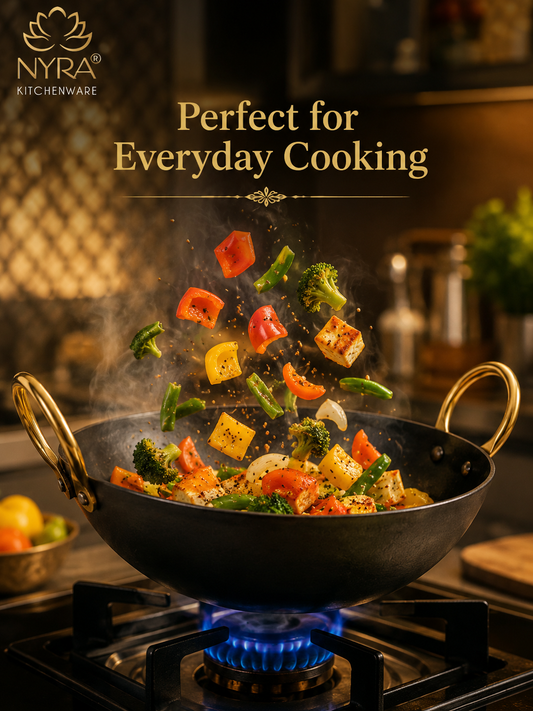 Black Iron Wok with Golden Handles | Heavy Duty Iron Kadhai for Frying, Sautéing & Traditional Cooking | Deep Round Bottom Matte Black Finish | Premium Iron Cookware