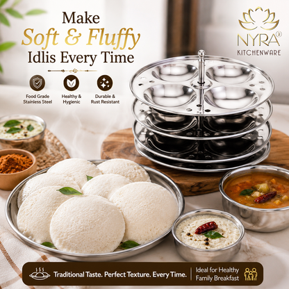 Stainless Steel Idli Stand 3 Plate/4 Plate Idli Maker - Round Cavities Steamer Rack for 5L Outer Lid Pressure Cooker Idli Pot Top Bhagona Large Cookware