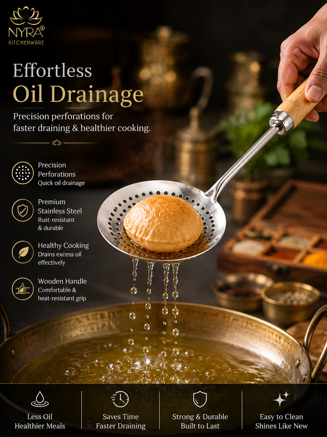 Deep Fry Strainer Mesh | Ladle for Spaetzle/Pasta/Chips Deep Fry Jhara Skimmer Puri Strainer with wood handle
