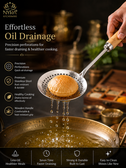 Deep Fry Strainer Mesh | Ladle for Spaetzle/Pasta/Chips Deep Fry Jhara Skimmer Puri Strainer with wood handle