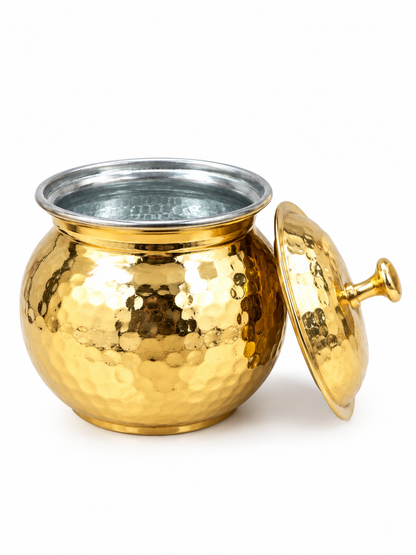 NYRA® Pure Brass Hammered Ghee Pot with Kalai Tin Coating, Lid & Spoon | Premium Ghee Storage Container