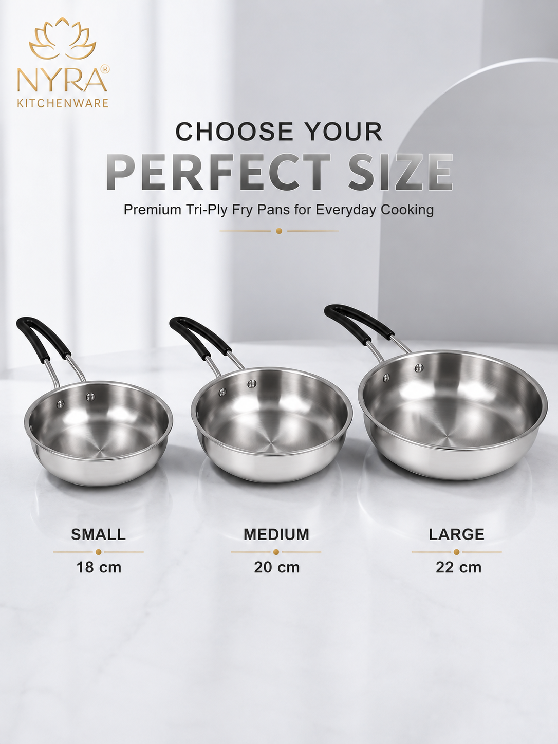 Triply Stainless Steel Fry Pan with Heat-Resistant PVC Handle | Heavy Gauge Food Grade Tri-Ply Cookware | Induction & Gas Compatible