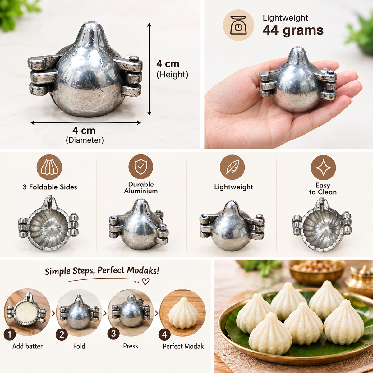 Aluminium Modak Maker Mould | Traditional Modak Sacha Sancha for Homemade Modak, Ukadiche Modak & Prasad | Foldable Hand Press Mould