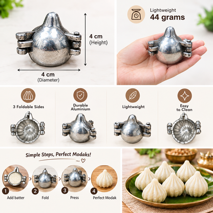 Aluminium Modak Maker Mould | Traditional Modak Sacha Sancha for Homemade Modak, Ukadiche Modak & Prasad | Foldable Hand Press Mould