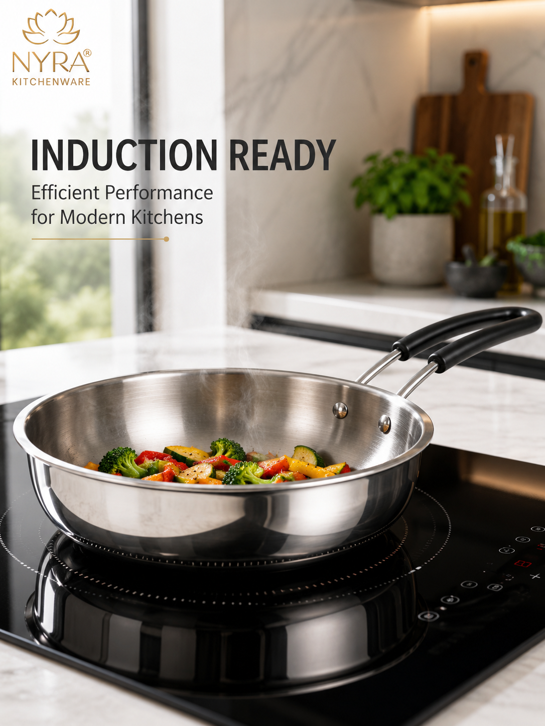 Triply Stainless Steel Fry Pan with Heat-Resistant PVC Handle | Heavy Gauge Food Grade Tri-Ply Cookware | Induction & Gas Compatible
