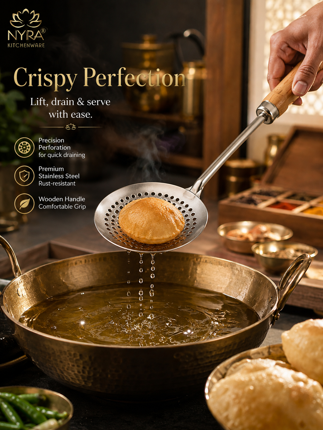 Deep Fry Strainer Mesh | Ladle for Spaetzle/Pasta/Chips Deep Fry Jhara Skimmer Puri Strainer with wood handle