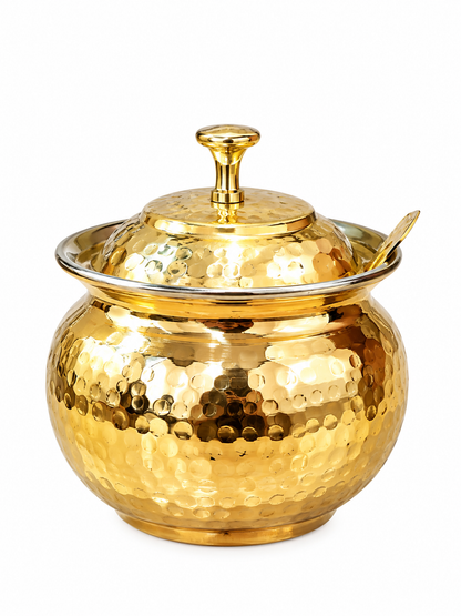 NYRA® Pure Brass Hammered Ghee Pot with Kalai Tin Coating, Lid & Spoon | Premium Ghee Storage Container