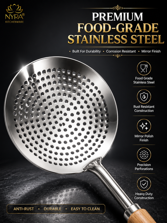 Deep Fry Strainer Mesh | Ladle for Spaetzle/Pasta/Chips Deep Fry Jhara Skimmer Puri Strainer with wood handle
