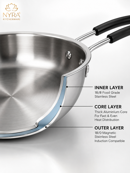Triply Stainless Steel Fry Pan with Heat-Resistant PVC Handle | Heavy Gauge Food Grade Tri-Ply Cookware | Induction & Gas Compatible