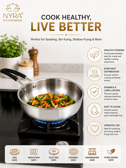 Triply Stainless Steel Fry Pan with Heat-Resistant PVC Handle | Heavy Gauge Food Grade Tri-Ply Cookware | Induction & Gas Compatible