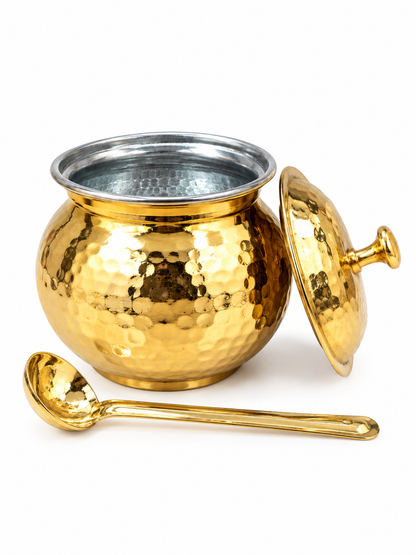 NYRA® Pure Brass Hammered Ghee Pot with Kalai Tin Coating, Lid & Spoon | Premium Ghee Storage Container