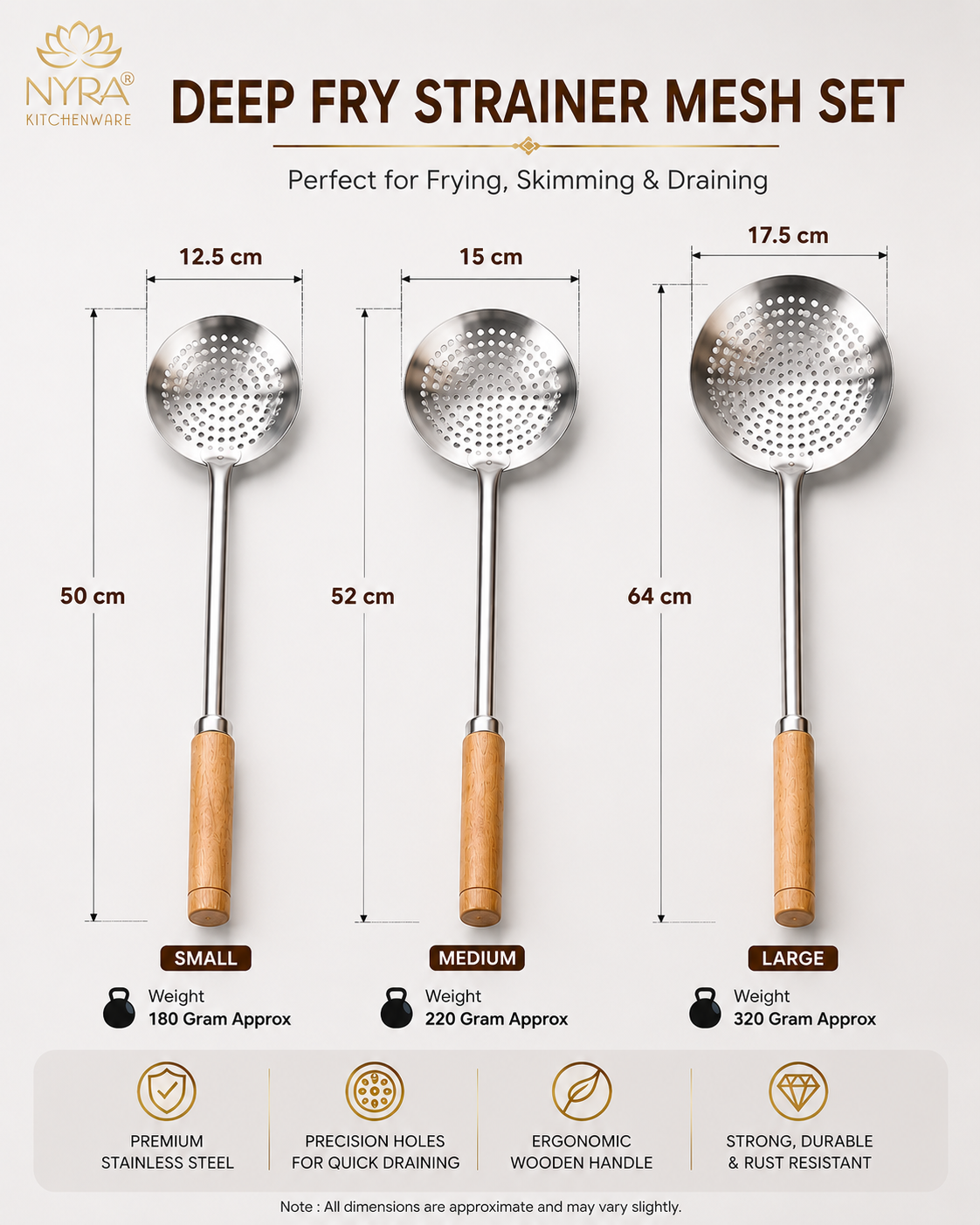 Deep Fry Strainer Mesh | Ladle for Spaetzle/Pasta/Chips Deep Fry Jhara Skimmer Puri Strainer with wood handle