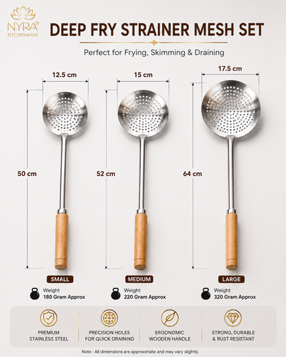 Deep Fry Strainer Mesh | Ladle for Spaetzle/Pasta/Chips Deep Fry Jhara Skimmer Puri Strainer with wood handle