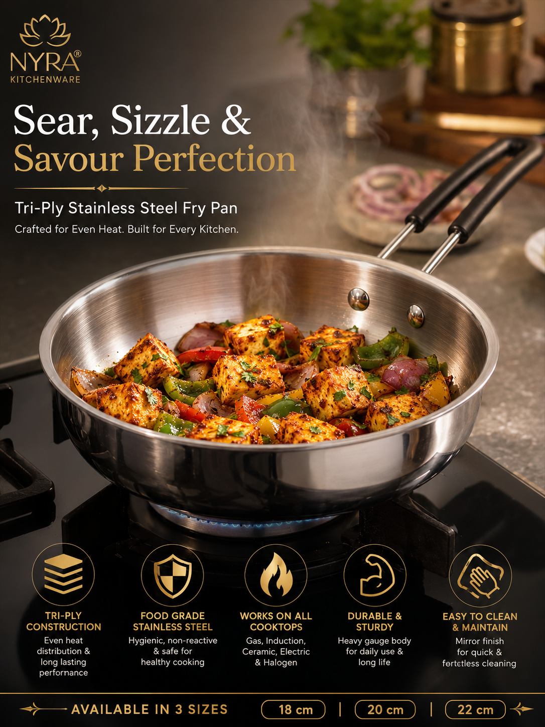 Triply Stainless Steel Fry Pan with Heat-Resistant PVC Handle | Heavy Gauge Food Grade Tri-Ply Cookware | Induction & Gas Compatible