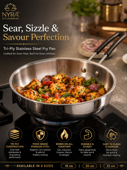 Triply Stainless Steel Fry Pan with Heat-Resistant PVC Handle | Heavy Gauge Food Grade Tri-Ply Cookware | Induction & Gas Compatible