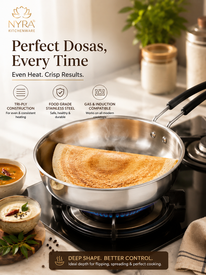 Triply Stainless Steel Fry Pan with Heat-Resistant PVC Handle | Heavy Gauge Food Grade Tri-Ply Cookware | Induction & Gas Compatible