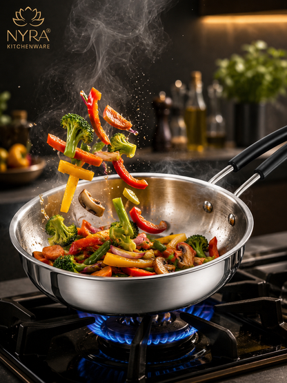 Triply Stainless Steel Fry Pan with Heat-Resistant PVC Handle | Heavy Gauge Food Grade Tri-Ply Cookware | Induction & Gas Compatible