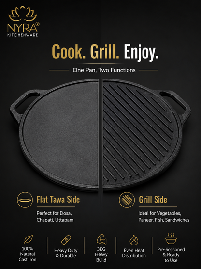 2-in-1 Cast Iron Dosa Tawa & Grill | Naturally Non-Stick, Induction & Gas Compatible