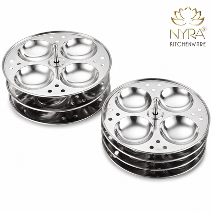 Stainless Steel Idli Stand 3 Plate/4 Plate Idli Maker - Round Cavities Steamer Rack for 5L Outer Lid Pressure Cooker Idli Pot Top Bhagona Large Cookware
