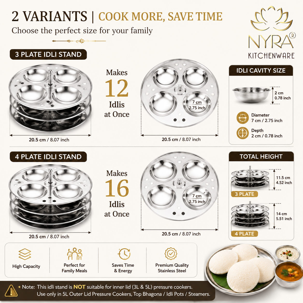 Stainless Steel Idli Stand 3 Plate/4 Plate Idli Maker - Round Cavities Steamer Rack for 5L Outer Lid Pressure Cooker Idli Pot Top Bhagona Large Cookware
