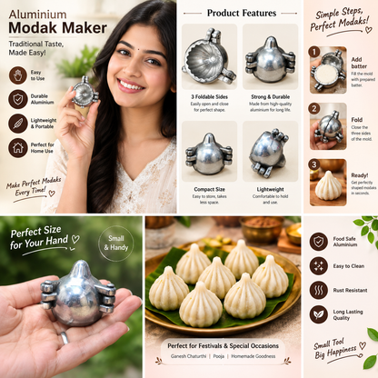 Aluminium Modak Maker Mould | Traditional Modak Sacha Sancha for Homemade Modak, Ukadiche Modak & Prasad | Foldable Hand Press Mould
