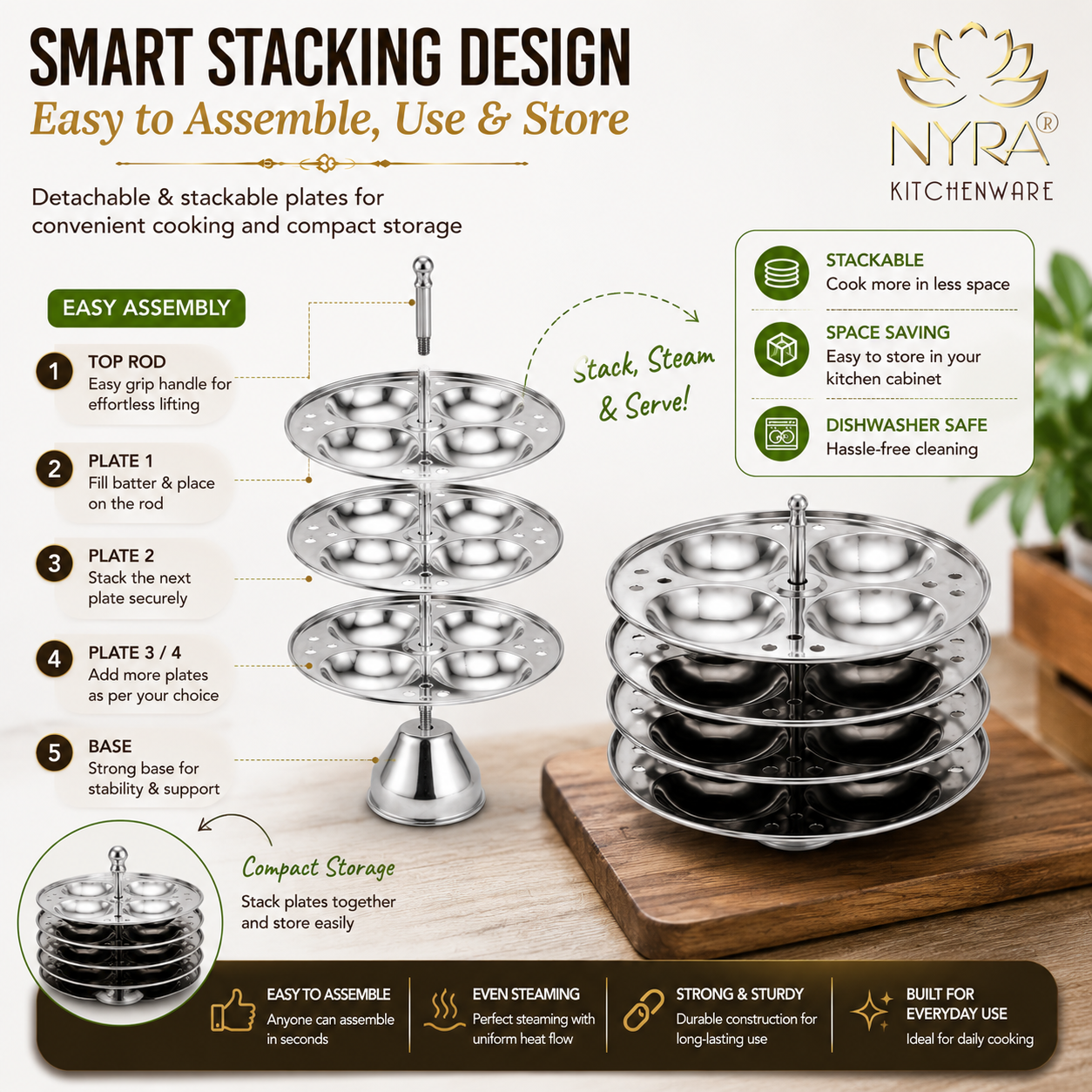 Stainless Steel Idli Stand 3 Plate/4 Plate Idli Maker - Round Cavities Steamer Rack for 5L Outer Lid Pressure Cooker Idli Pot Top Bhagona Large Cookware