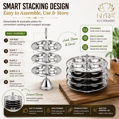 Stainless Steel Idli Stand 3 Plate/4 Plate Idli Maker - Round Cavities Steamer Rack for 5L Outer Lid Pressure Cooker Idli Pot Top Bhagona Large Cookware