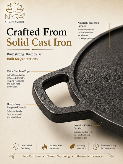 Cast Iron Dosa & Chapati Tawa | Pre-Seasoned, No Coating, All Stove Types