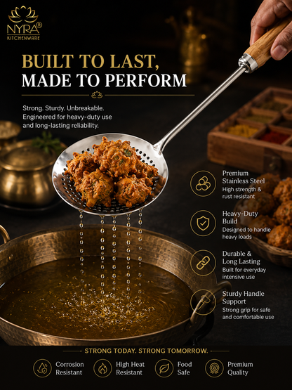 Deep Fry Strainer Mesh | Ladle for Spaetzle/Pasta/Chips Deep Fry Jhara Skimmer Puri Strainer with wood handle