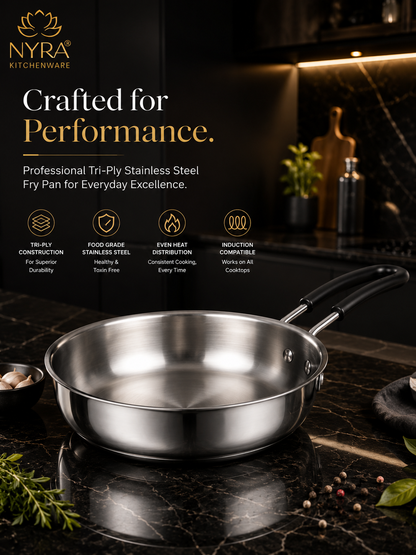 Triply Stainless Steel Fry Pan with Heat-Resistant PVC Handle | Heavy Gauge Food Grade Tri-Ply Cookware | Induction & Gas Compatible