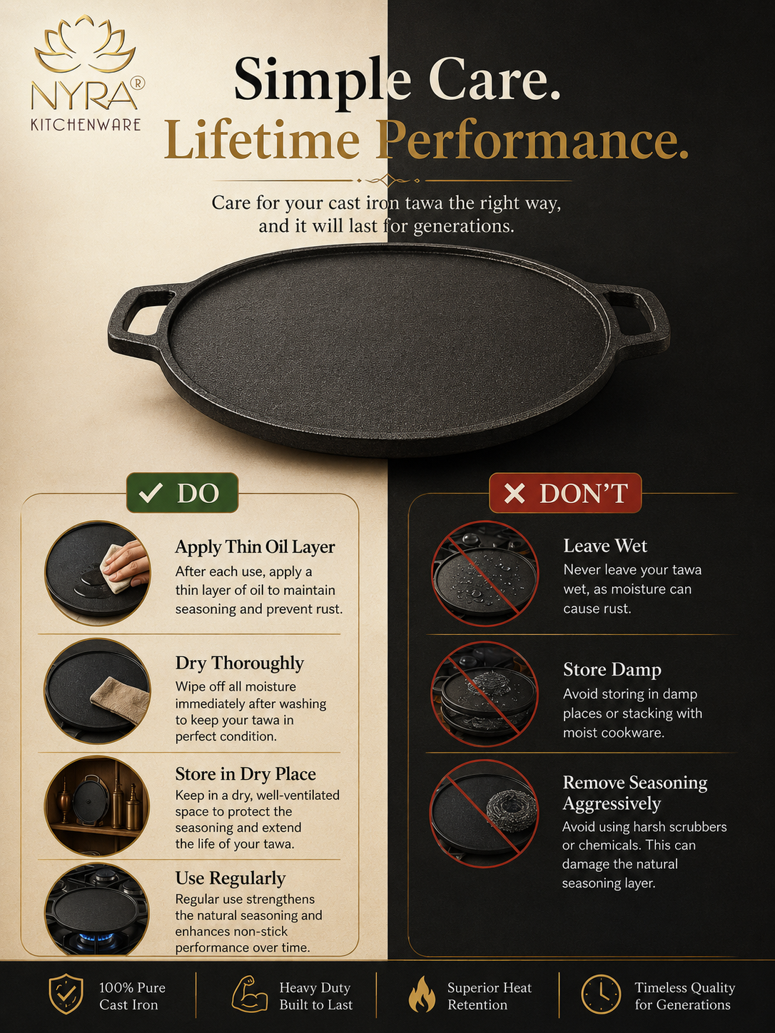 Cast Iron Dosa & Chapati Tawa | Pre-Seasoned, No Coating, All Stove Types