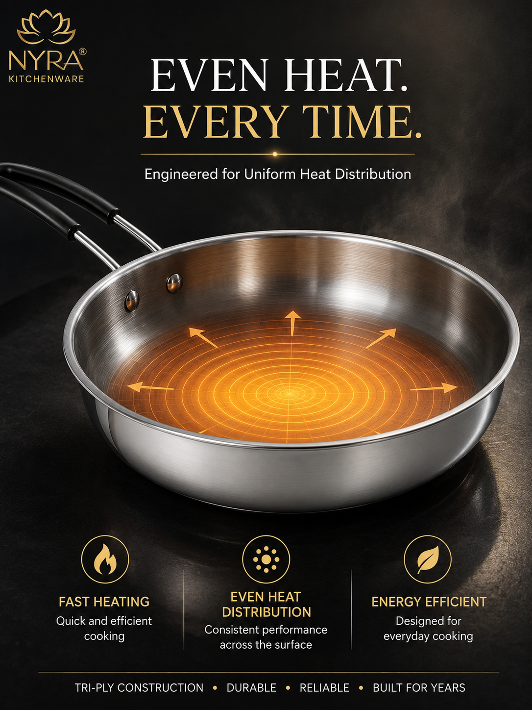 Triply Stainless Steel Fry Pan with Heat-Resistant PVC Handle | Heavy Gauge Food Grade Tri-Ply Cookware | Induction & Gas Compatible
