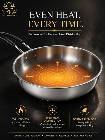 Triply Stainless Steel Fry Pan with Heat-Resistant PVC Handle | Heavy Gauge Food Grade Tri-Ply Cookware | Induction & Gas Compatible