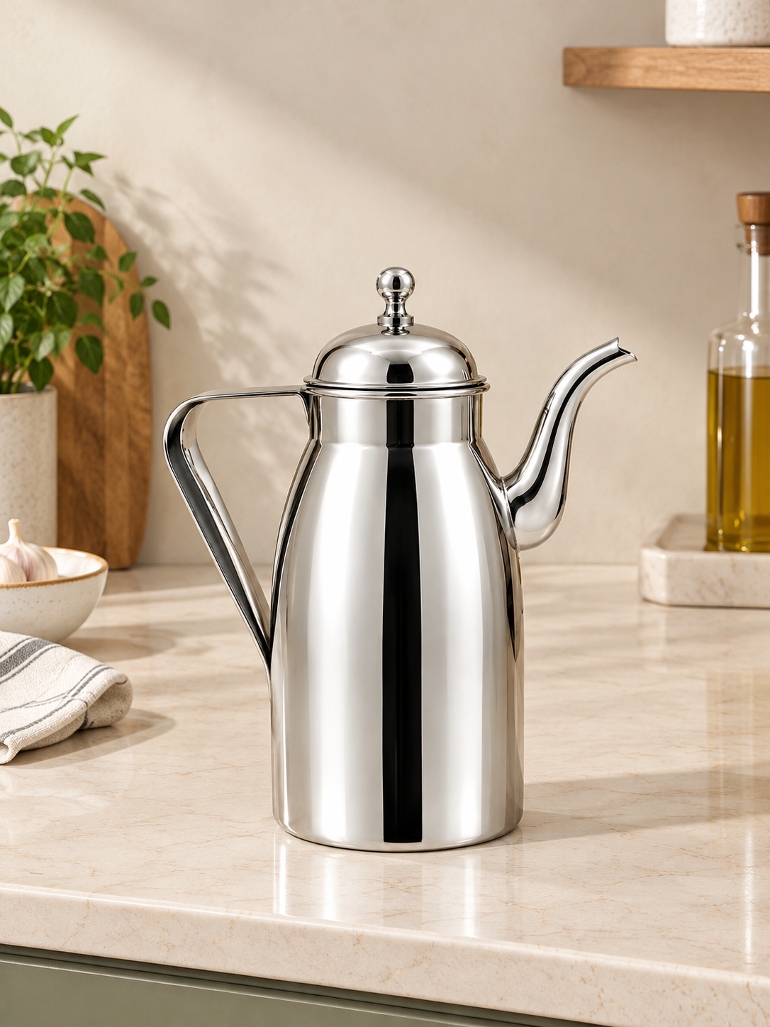 Nyra® Stainless Steel Oil Dispenser 1000 ML (1 Litre) with Lid, Handle & Long Pouring Spout | Glossy Silver Oil Pourer for Kitchen