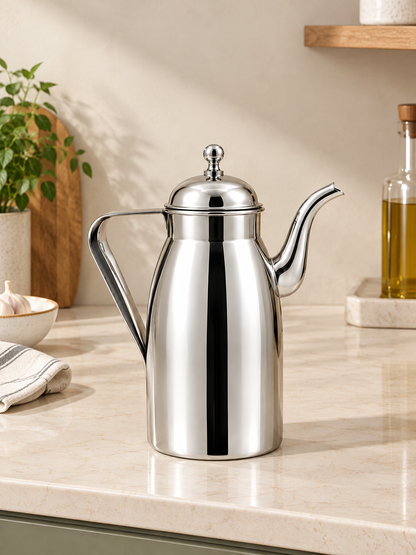 Nyra® Stainless Steel Oil Dispenser 1000 ML (1 Litre) with Lid, Handle & Long Pouring Spout | Glossy Silver Oil Pourer for Kitchen