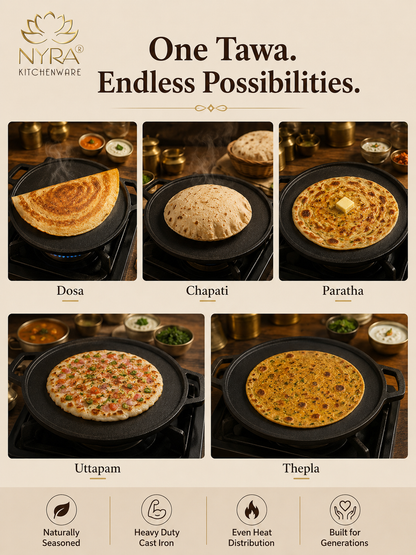 Cast Iron Dosa & Chapati Tawa | Pre-Seasoned, No Coating, All Stove Types