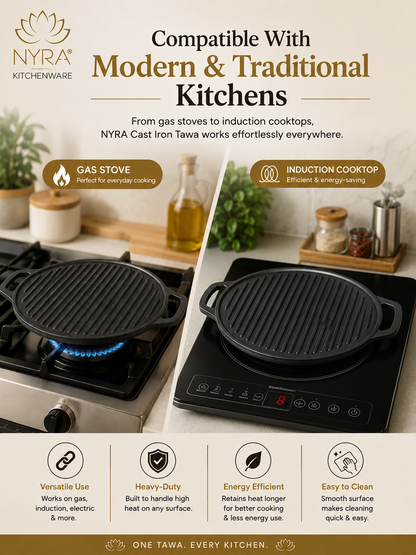 2-in-1 Cast Iron Dosa Tawa & Grill | Naturally Non-Stick, Induction & Gas Compatible