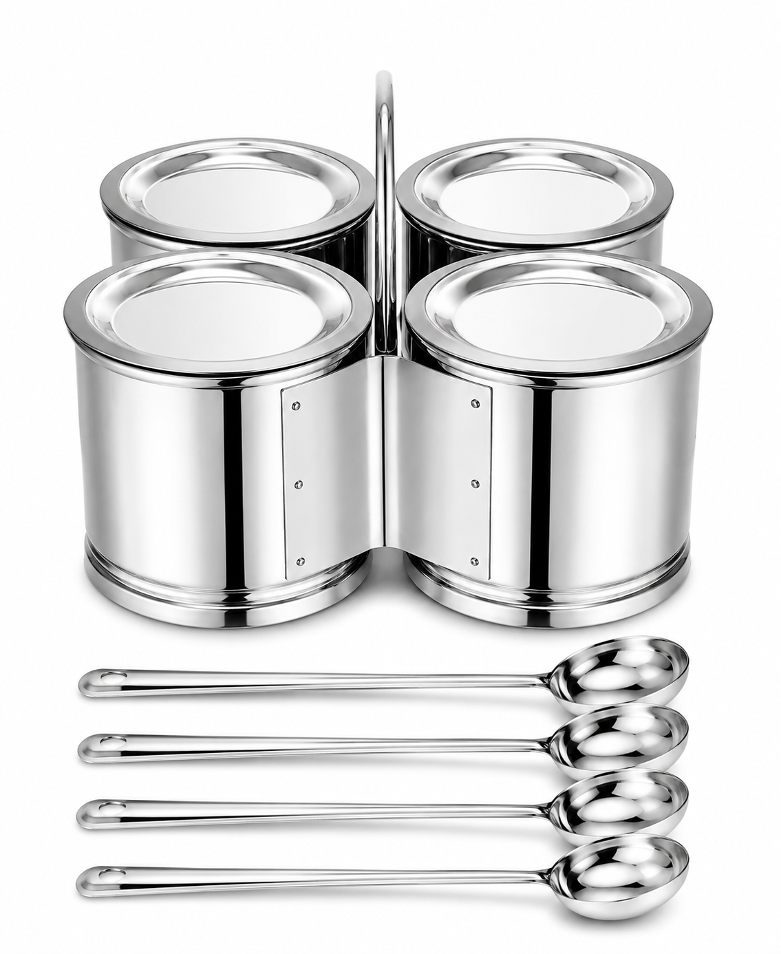 Stainless Steel Vegetable/Curry Holder (Chougadha) Serving Set with Lid & Serving Spoons | Glossy Mirror Finish Chaumukha | Multipurpose Buffet, Catering & Dining Serveware |